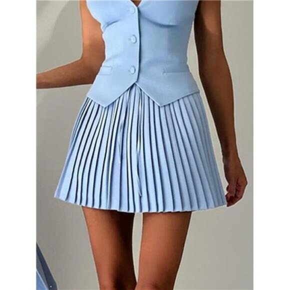 Button Up Vest and Pleated Mini Skirt Set - Picture 4 of 10